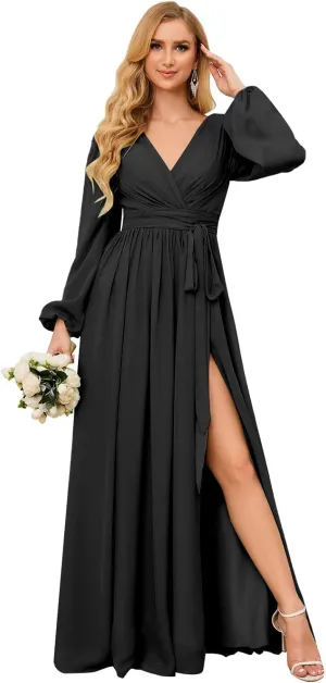 SOLODISH Long Sleeve Bridesmaid Dress for Women Chiffon A Line V Neck Formal Wedding Guest Party Gown