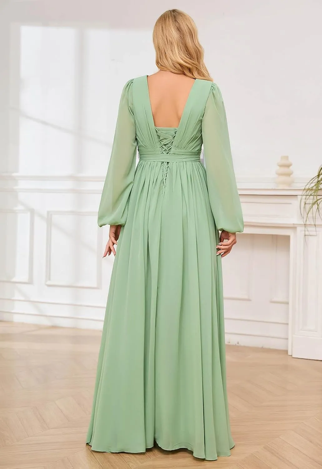 SOLODISH Long Sleeve Bridesmaid Dress for Women Chiffon A Line V Neck Formal Wedding Guest Party Gown