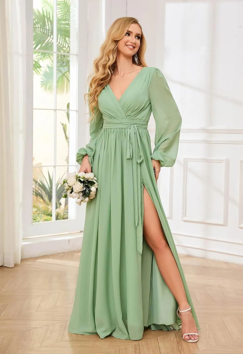 SOLODISH Long Sleeve Bridesmaid Dress for Women Chiffon A Line V Neck Formal Wedding Guest Party Gown