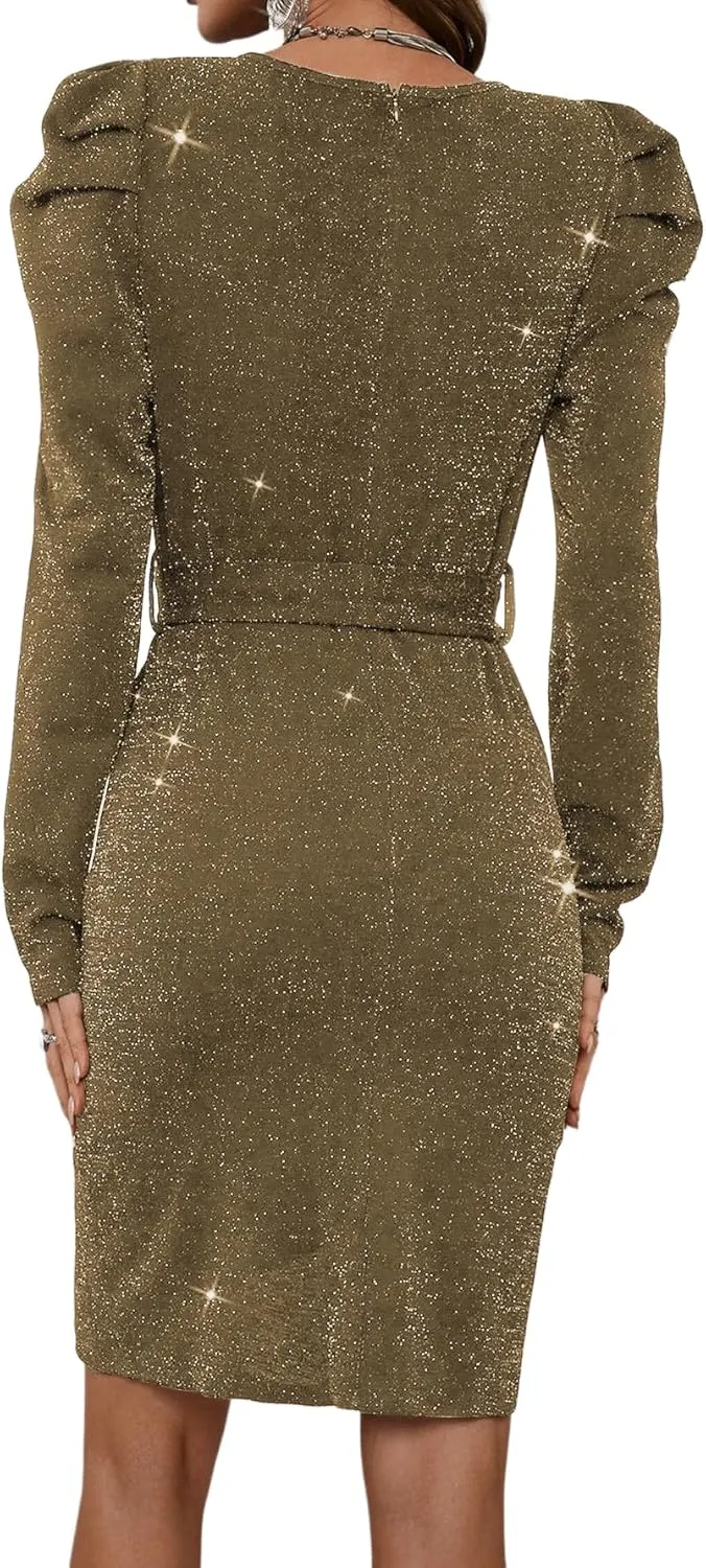 Sparkly Women's Elegant Deep V Neck High Waist Wrap Long Sleeve Mini Dress with Bow Belt Party Club Dress