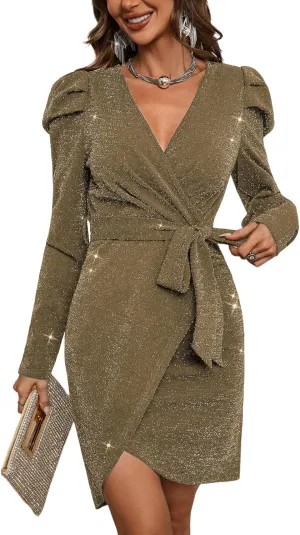 Sparkly Women's Elegant Deep V Neck High Waist Wrap Long Sleeve Mini Dress with Bow Belt Party Club Dress