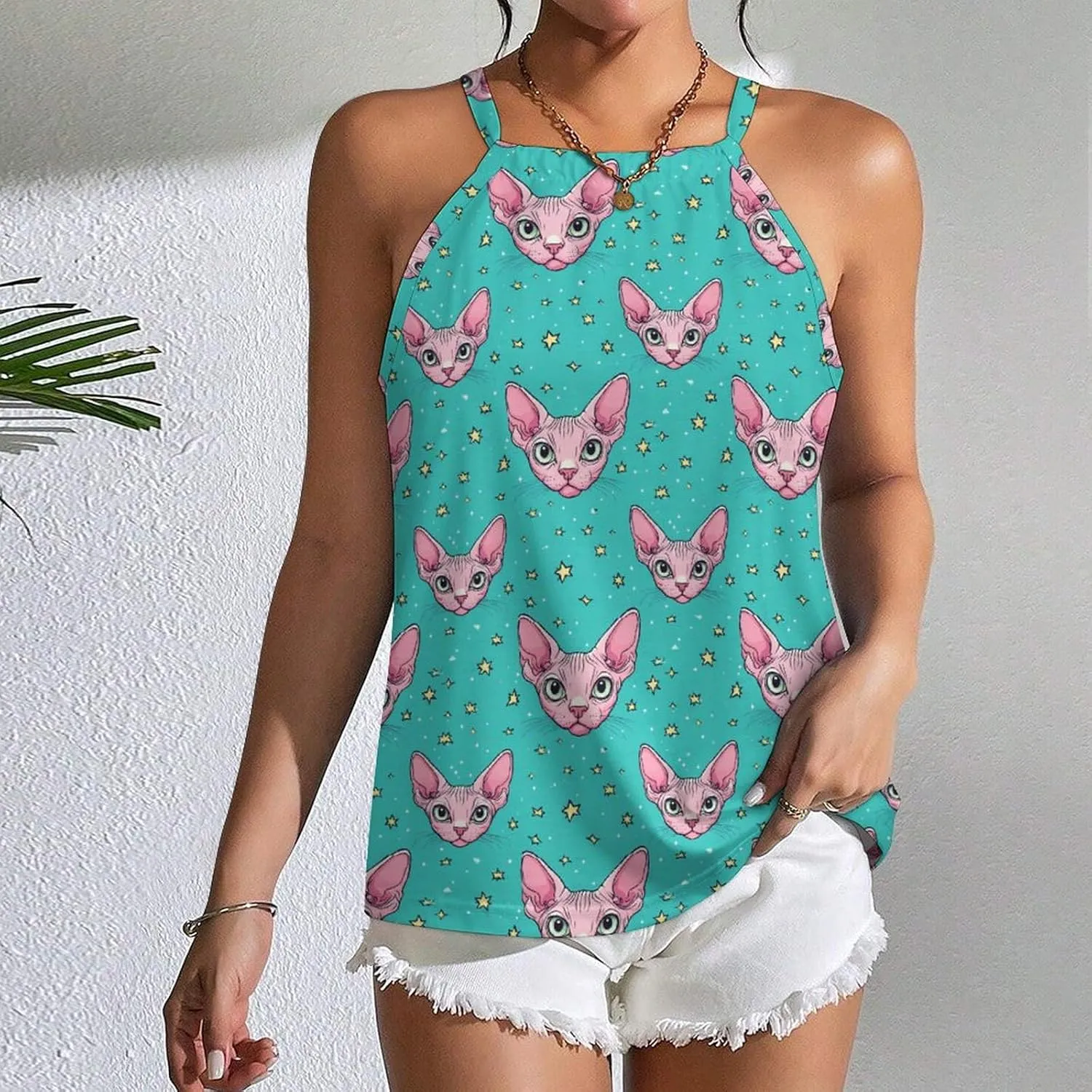Sphynx Cat Face And Stars Women's Tank Top Sleeveless Spaghetti Straps Tie Back Print T-shirt Tops