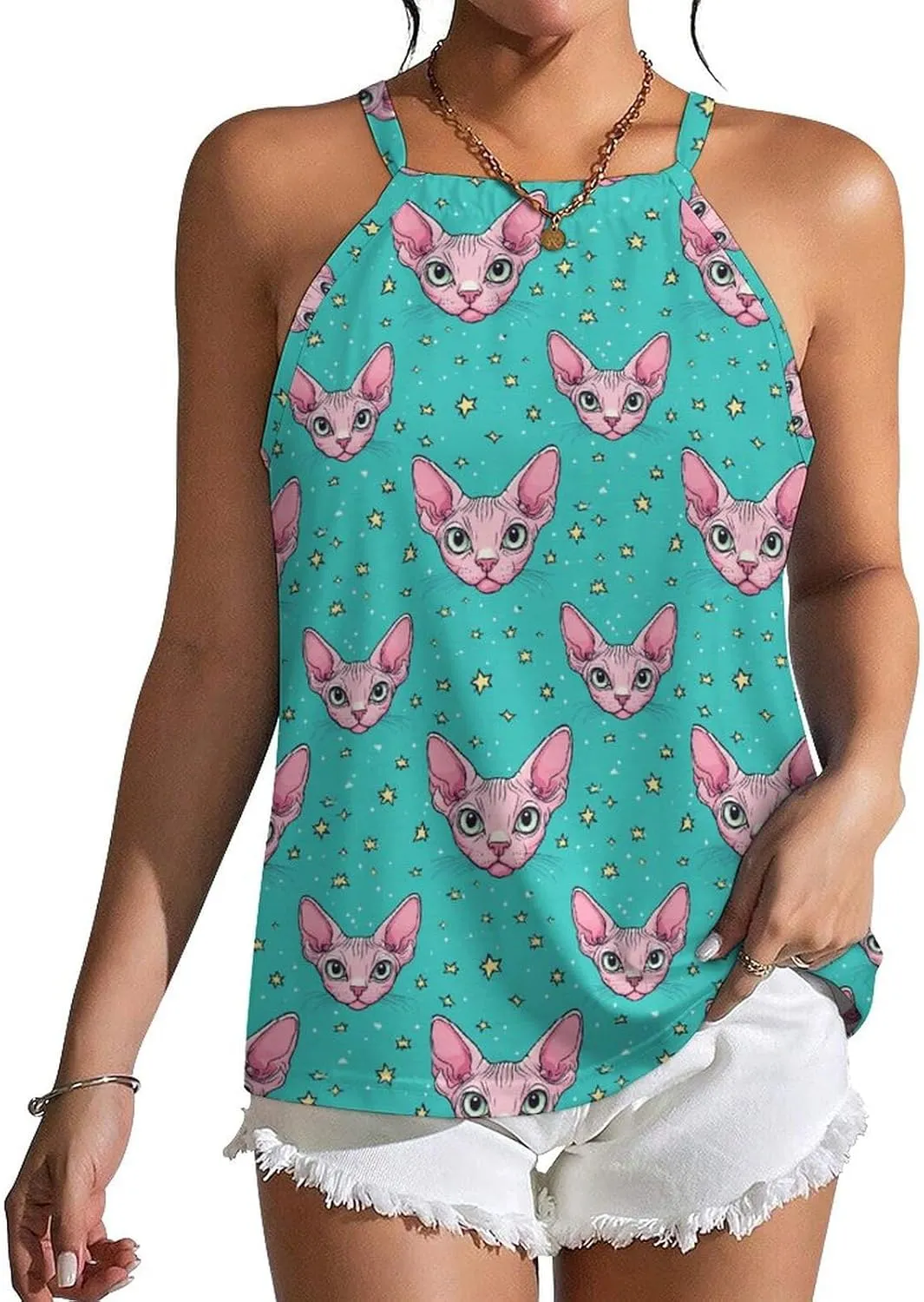 Sphynx Cat Face And Stars Women's Tank Top Sleeveless Spaghetti Straps Tie Back Print T-shirt Tops