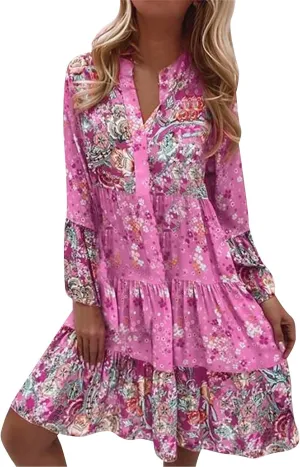 Spring Dresses for Women 2025 Women's Casual Long Sleeve V Neck Ruffle Tiered A-Line Swing Boho Mini Dress Beach Sun Dress