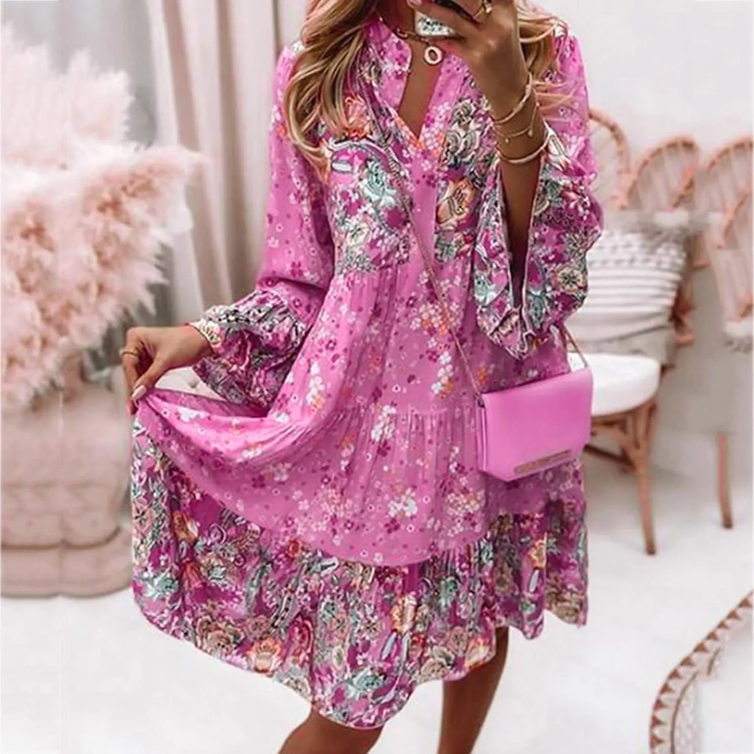 Spring Dresses for Women 2025 Women's Casual Long Sleeve V Neck Ruffle Tiered A-Line Swing Boho Mini Dress Beach Sun Dress