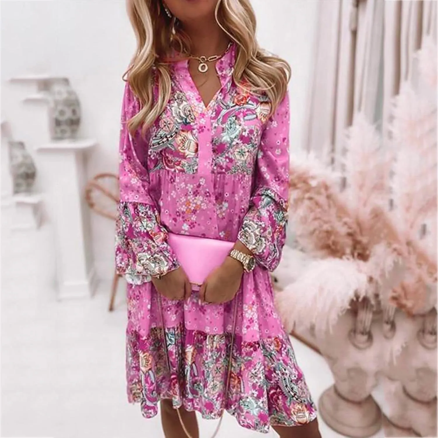 Spring Dresses for Women 2025 Women's Casual Long Sleeve V Neck Ruffle Tiered A-Line Swing Boho Mini Dress Beach Sun Dress