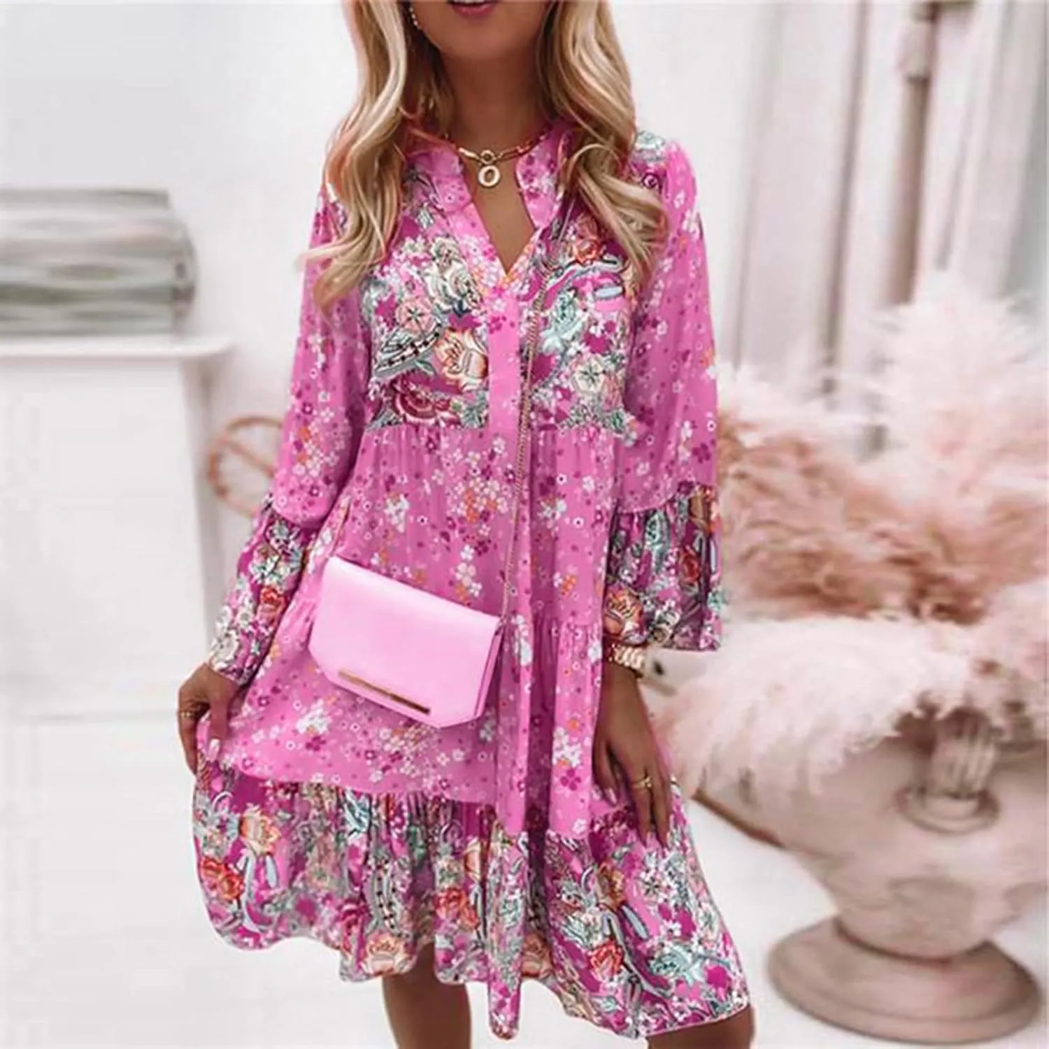 Spring Dresses for Women 2025 Women's Casual Long Sleeve V Neck Ruffle Tiered A-Line Swing Boho Mini Dress Beach Sun Dress