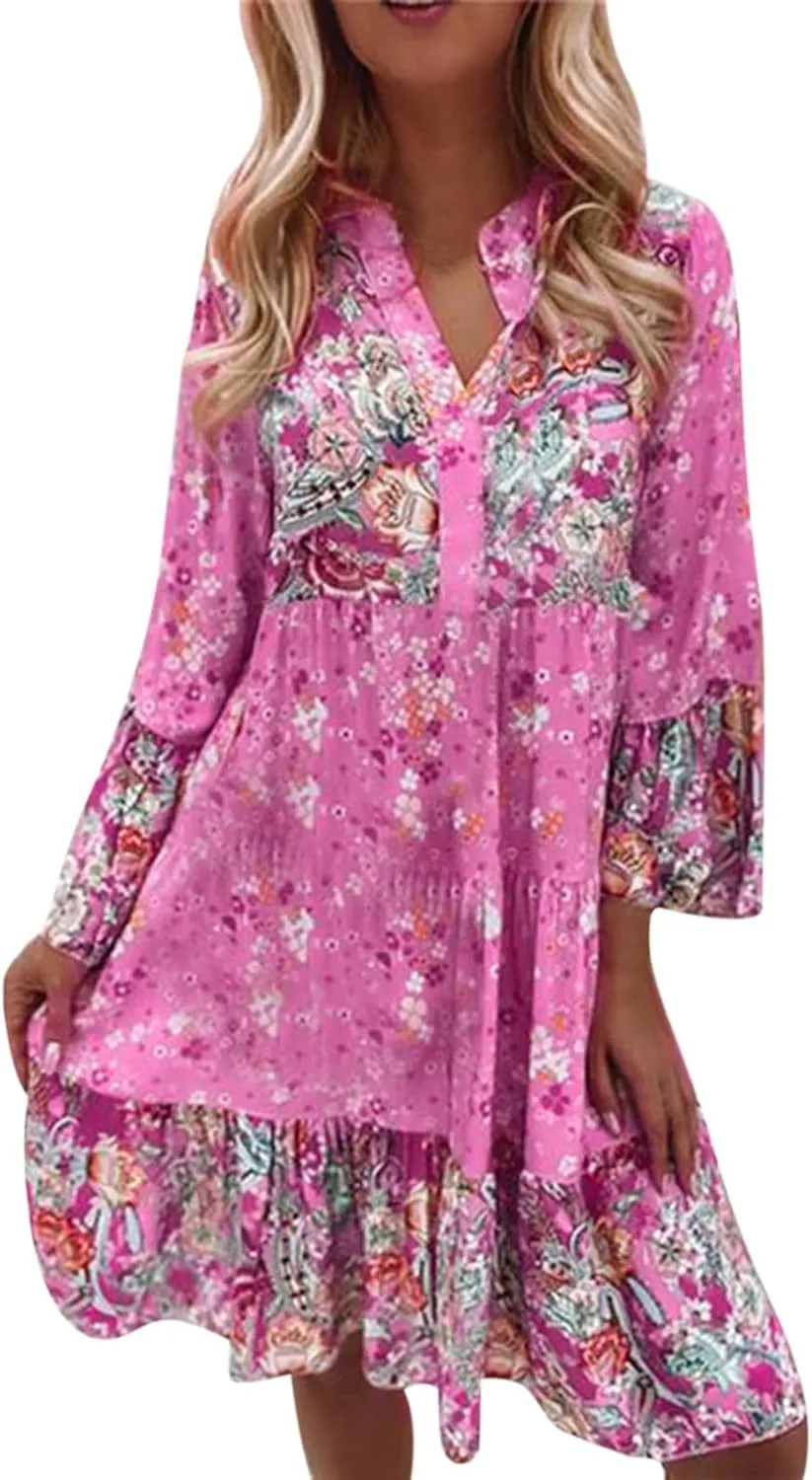 Spring Dresses for Women 2025 Women's Casual Long Sleeve V Neck Ruffle Tiered A-Line Swing Boho Mini Dress Beach Sun Dress