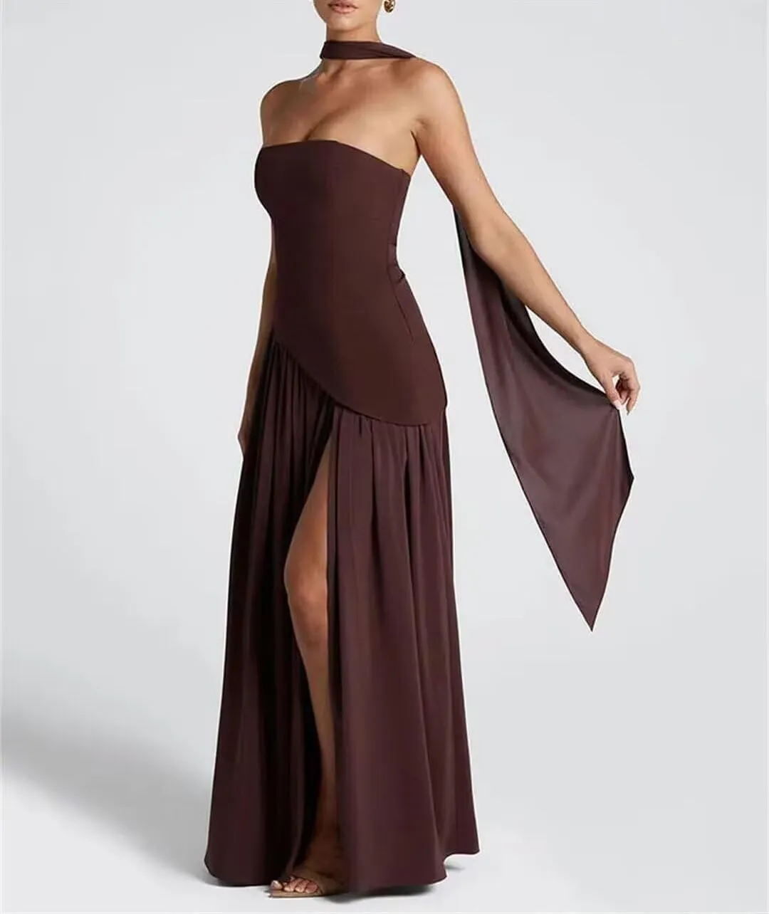 Strapless Bridesmaid Dress for Wedding Slit Chiffon Long Prom Dresses Evening Dress