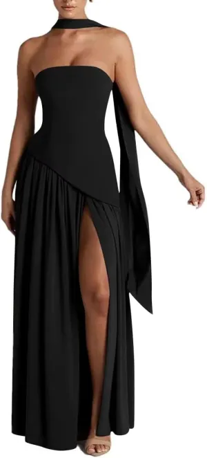 Strapless Bridesmaid Dress for Wedding Slit Chiffon Long Prom Dresses Evening Dress