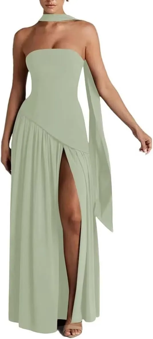 Strapless Bridesmaid Dress for Wedding Slit Chiffon Long Prom Dresses Evening Dress