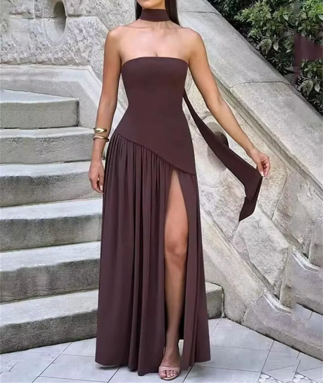 Strapless Bridesmaid Dress for Wedding Slit Chiffon Long Prom Dresses Evening Dress