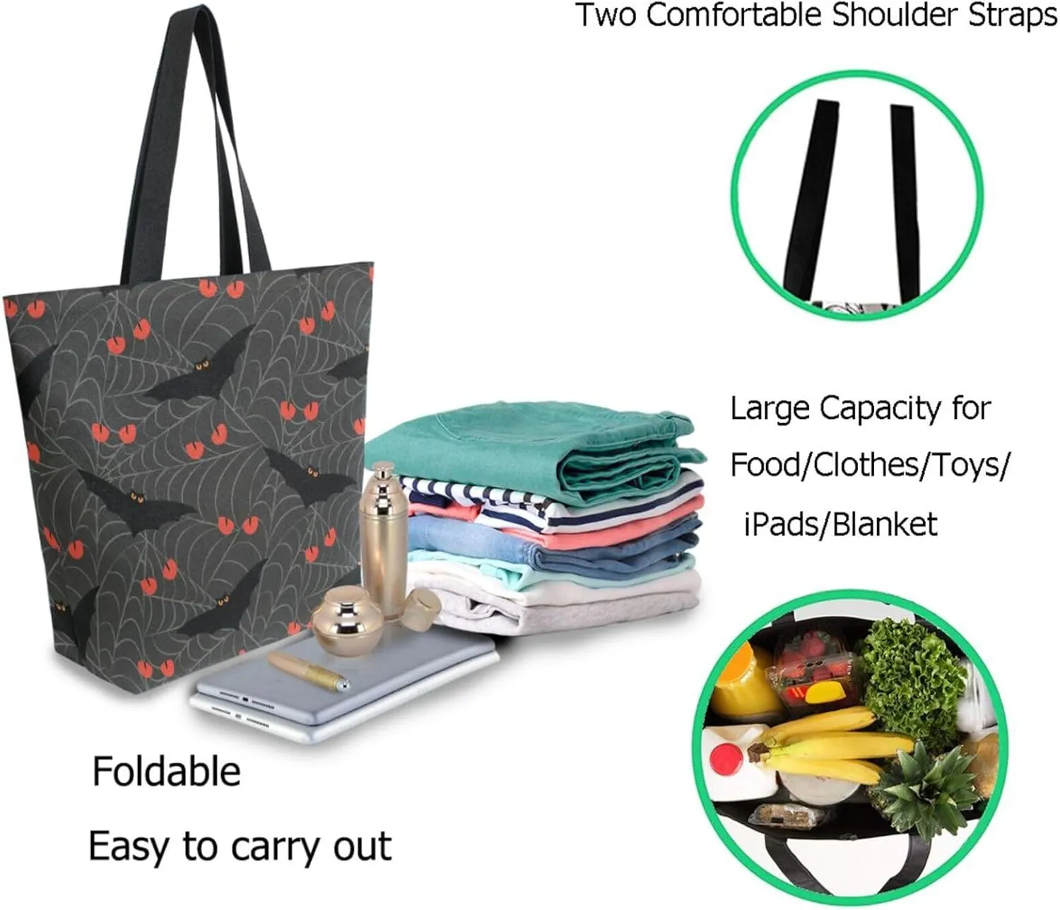 Stylish Extra Large Shoulder Grocery Tote Bag, Angry Bats and Cat Eyes in Spider Web Halloween Canvas Daily Handle Bag for Gym Yoga Weekender Beach Travel Picnic Kitchen Reusable Market Shopping
