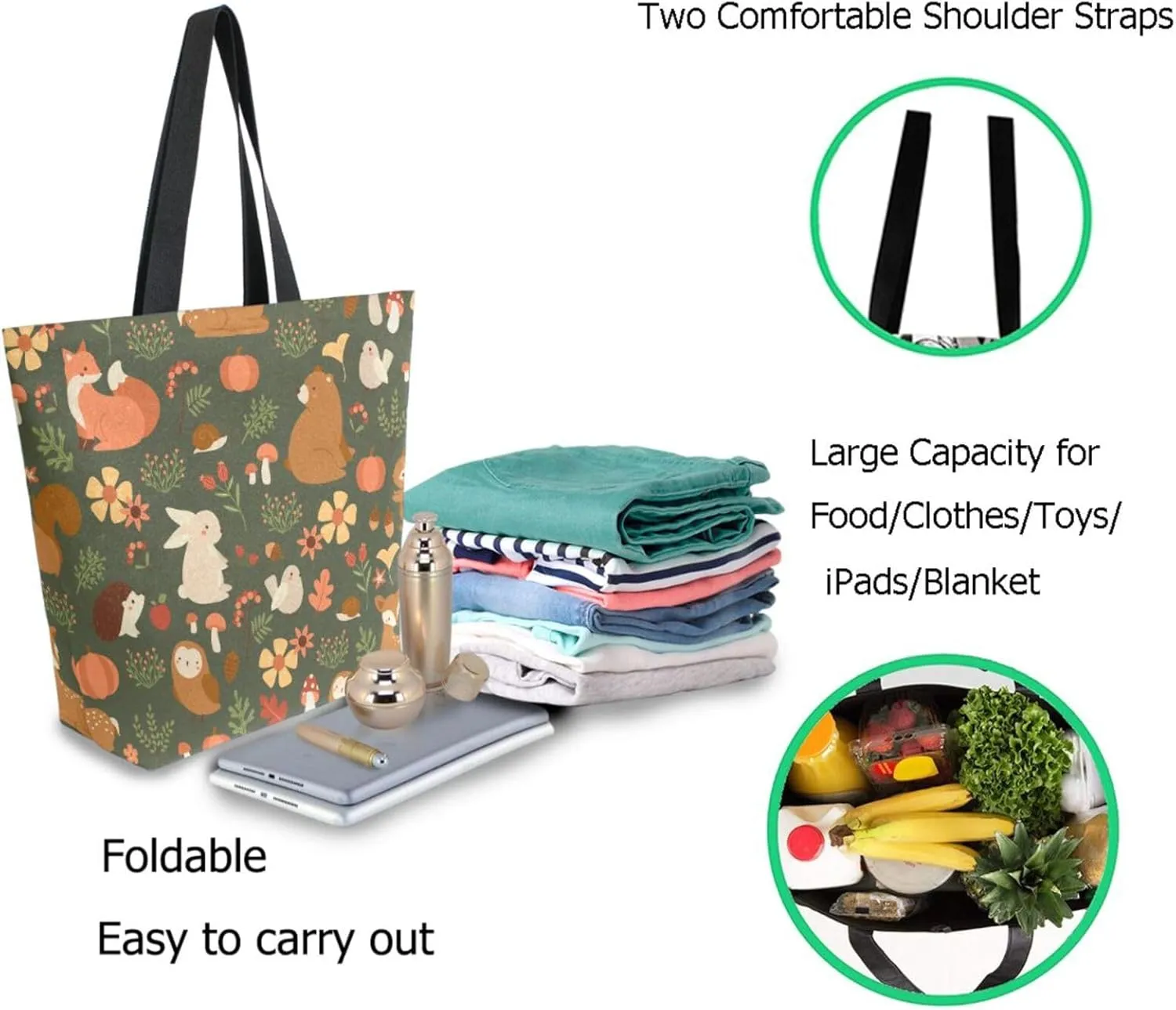 Stylish Extra Large Shoulder Grocery Tote Bag, Cute Forest Animals Fox Owl Hedgehog Canvas Daily Handle Bag for Gym Yoga Weekender Beach Travel Picnic Kitchen Reusable Market Shopping