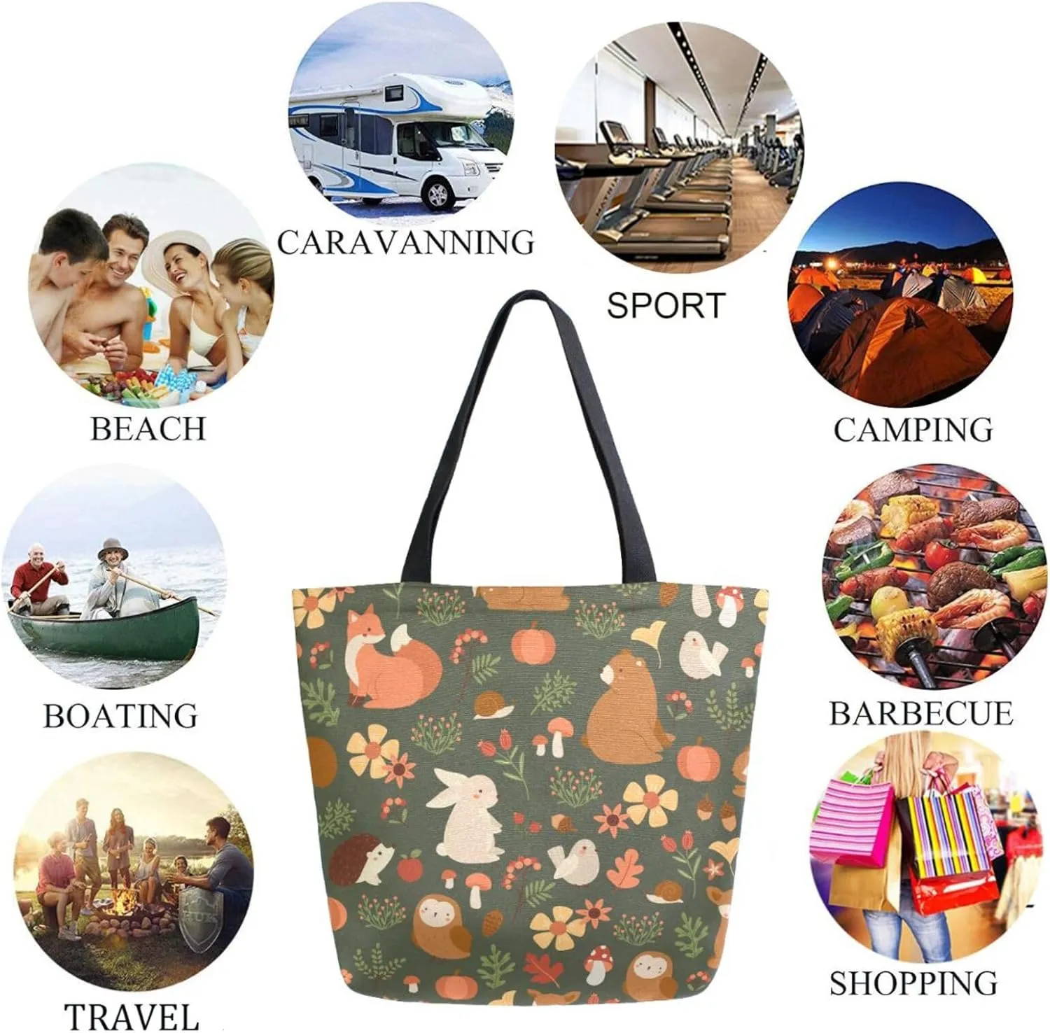 Stylish Extra Large Shoulder Grocery Tote Bag, Cute Forest Animals Fox Owl Hedgehog Canvas Daily Handle Bag for Gym Yoga Weekender Beach Travel Picnic Kitchen Reusable Market Shopping