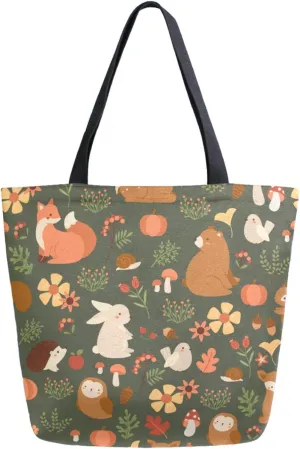 Stylish Extra Large Shoulder Grocery Tote Bag, Cute Forest Animals Fox Owl Hedgehog Canvas Daily Handle Bag for Gym Yoga Weekender Beach Travel Picnic Kitchen Reusable Market Shopping