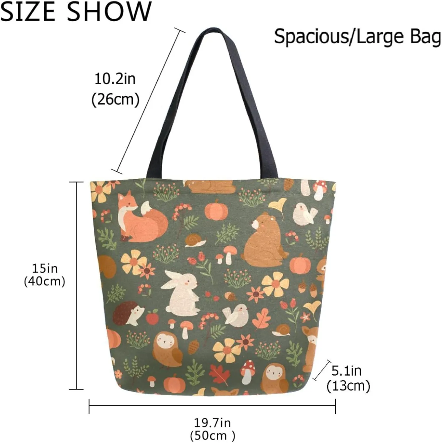 Stylish Extra Large Shoulder Grocery Tote Bag, Cute Forest Animals Fox Owl Hedgehog Canvas Daily Handle Bag for Gym Yoga Weekender Beach Travel Picnic Kitchen Reusable Market Shopping