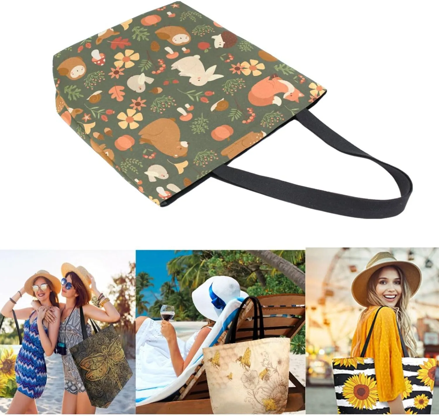 Stylish Extra Large Shoulder Grocery Tote Bag, Cute Forest Animals Fox Owl Hedgehog Canvas Daily Handle Bag for Gym Yoga Weekender Beach Travel Picnic Kitchen Reusable Market Shopping