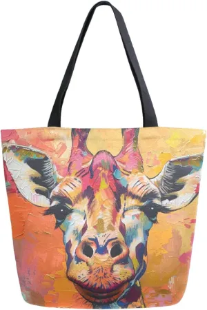 Stylish Extra Large Shoulder Grocery Tote Bag, Funny Giraffe in Colors Spots Painting Canvas Daily Handle Bag for Gym Weekender Beach Travel Kitchen Reusable Market Shopping