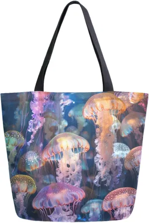 Stylish Extra Large Shoulder Grocery Tote Bag, Ocean Colors Jellyfish Canvas Daily Handle Bag for Gym Weekender Beach Travel Kitchen Reusable Market Shopping, das69725273p281c318s555