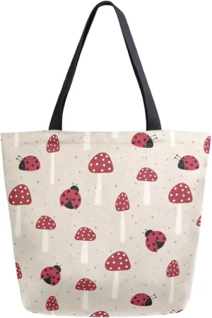 Stylish Extra Large Shoulder Grocery Tote Bag, Retro Red Ladybug Mushroom Floral Canvas Daily Handle Bag for Gym Yoga Weekender Beach Travel Picnic Kitchen Reusable Market Shopping