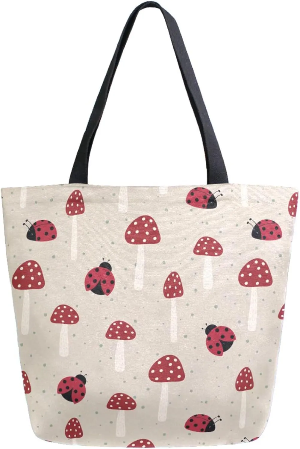 Stylish Extra Large Shoulder Grocery Tote Bag, Retro Red Ladybug Mushroom Floral Canvas Daily Handle Bag for Gym Yoga Weekender Beach Travel Picnic Kitchen Reusable Market Shopping