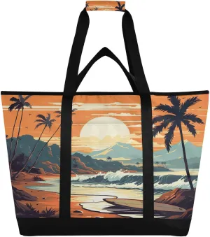 Summer Beach Tote Bag for Women with Zipper Reusable Grocery Bags Foldable Insulated Cooler Bag Totes Shopping Bags Handbags for Groceries Picnic Beach Travel Work
