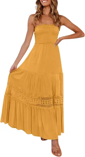 Summer Dresses for Women 2024 Strapless Off Shoulder Crochet Lace Trim Flowy A Line Wedding Guest Dress Beach Long Maxi Dress
