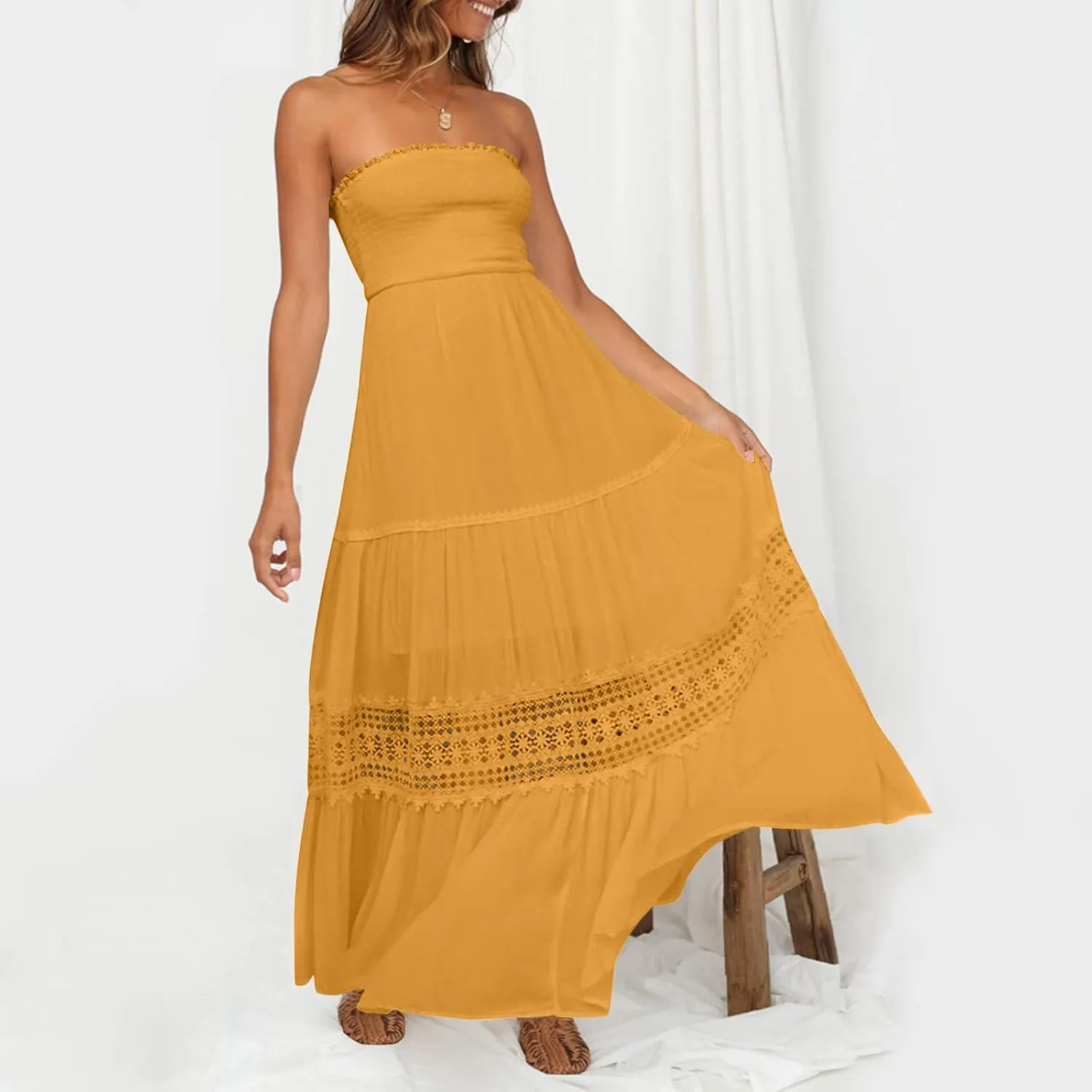 Summer Dresses for Women 2024 Strapless Off Shoulder Crochet Lace Trim Flowy A Line Wedding Guest Dress Beach Long Maxi Dress