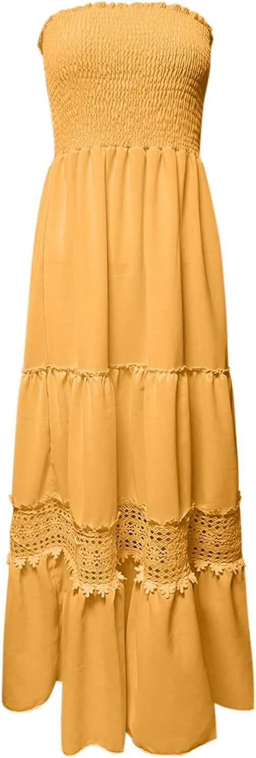 Summer Dresses for Women 2024 Strapless Off Shoulder Crochet Lace Trim Flowy A Line Wedding Guest Dress Beach Long Maxi Dress