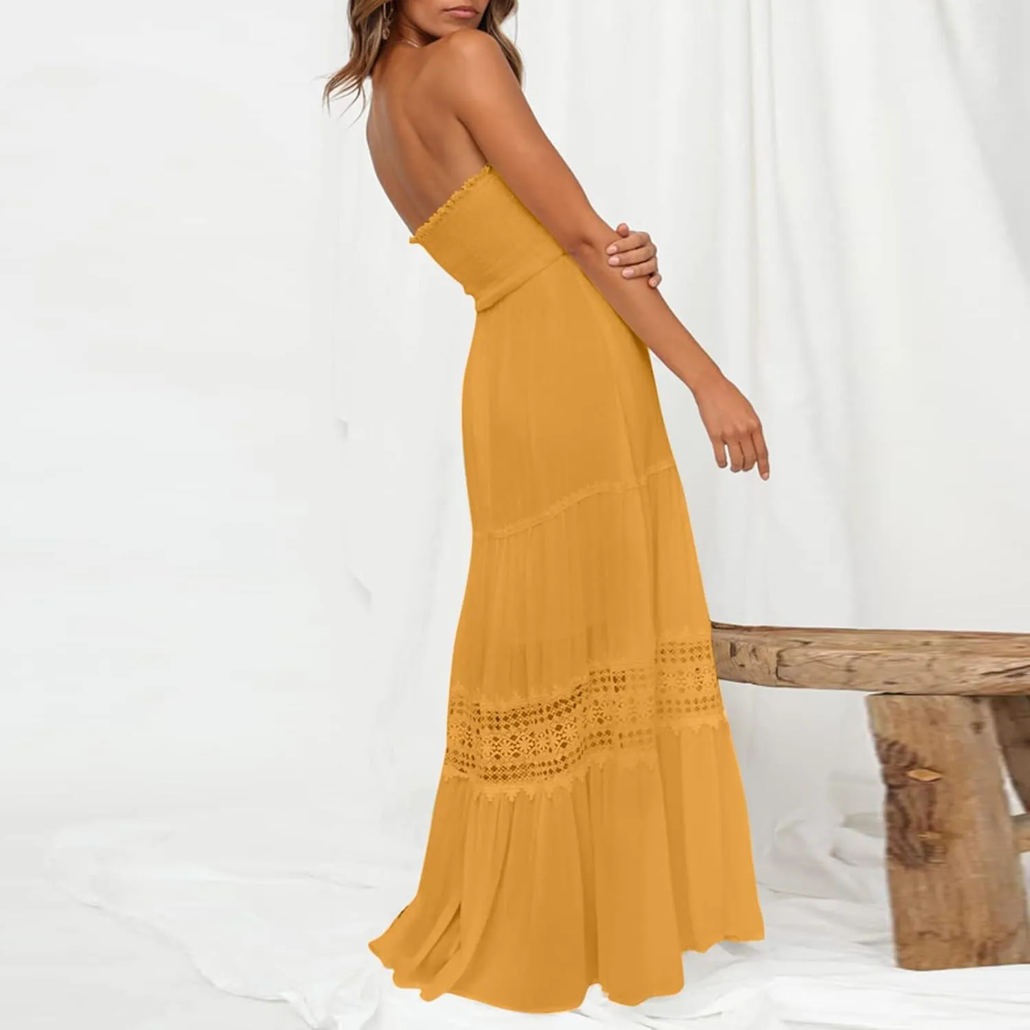 Summer Dresses for Women 2024 Strapless Off Shoulder Crochet Lace Trim Flowy A Line Wedding Guest Dress Beach Long Maxi Dress