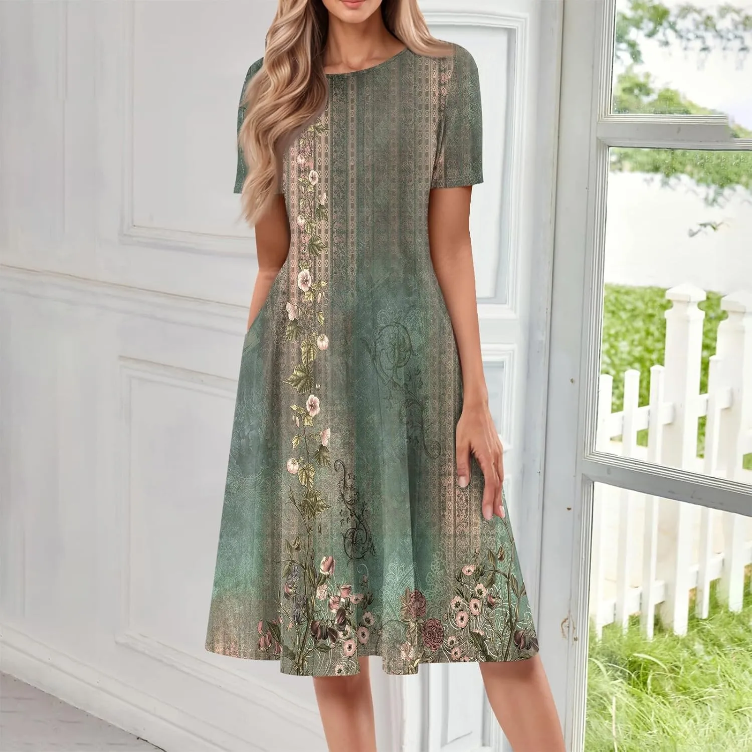 Summer Dresses for Women 2025 Smocked Summer Short Sleeve Midi Dresses for Women A Line