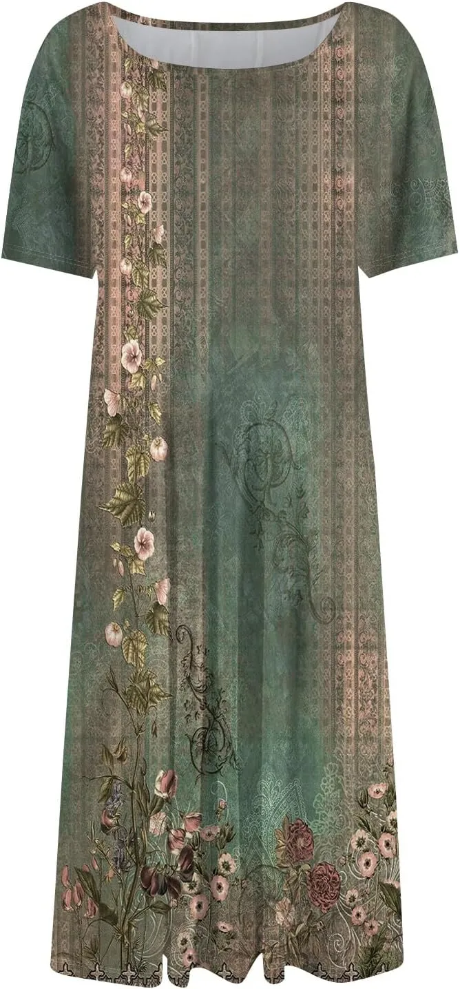 Summer Dresses for Women 2025 Smocked Summer Short Sleeve Midi Dresses for Women A Line