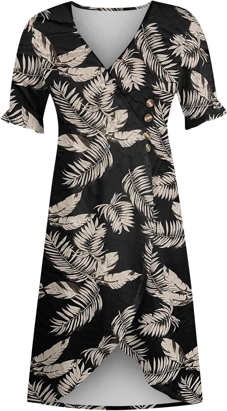 Summer Dresses for Women Wrap Midi Dresses for Women Puff Sleeve Trendy Summer Loose Casual Vintage Cute