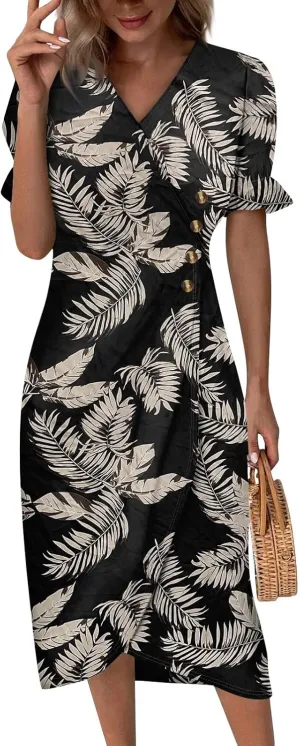 Summer Dresses for Women Wrap Midi Dresses for Women Puff Sleeve Trendy Summer Loose Casual Vintage Cute