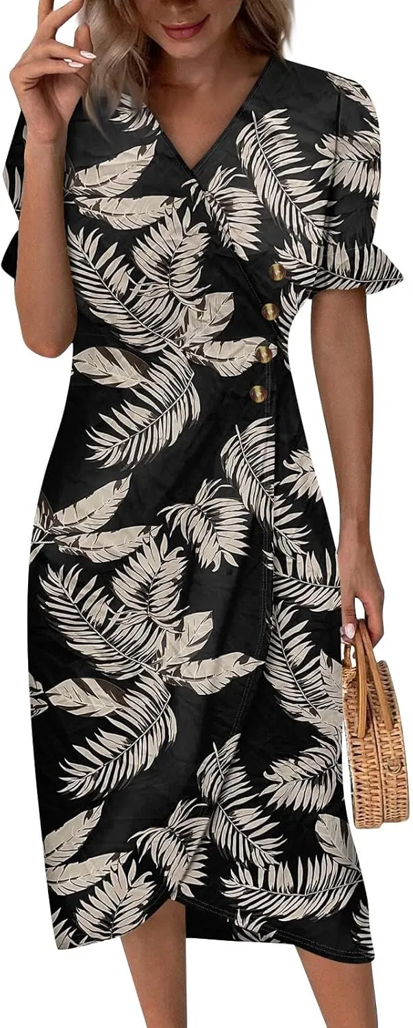 Summer Dresses for Women Wrap Midi Dresses for Women Puff Sleeve Trendy Summer Loose Casual Vintage Cute