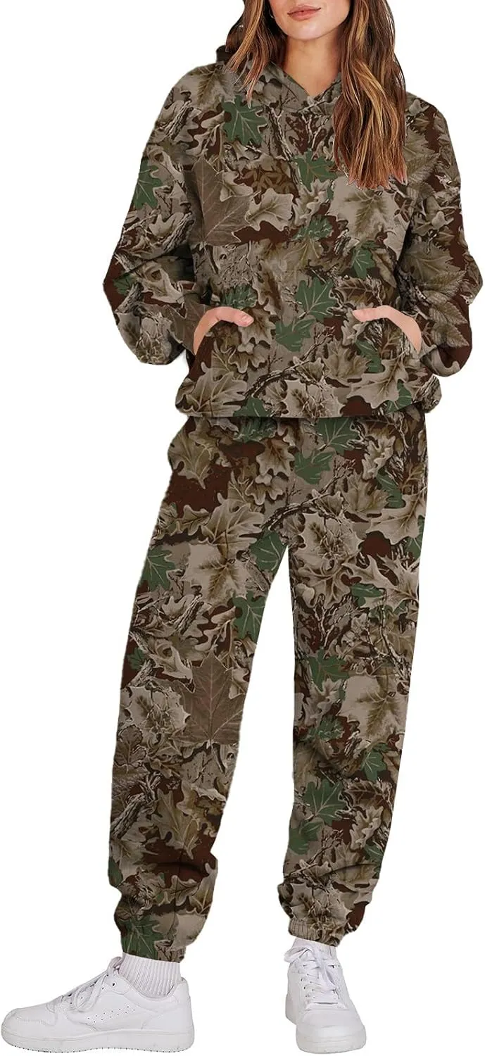 Sweat Suits for Womens Camo Hoodie 2 Piece Long Sleeve Camo Sweatshirt Wide Leg Sweatpants Track Suit Y2k Hoodies