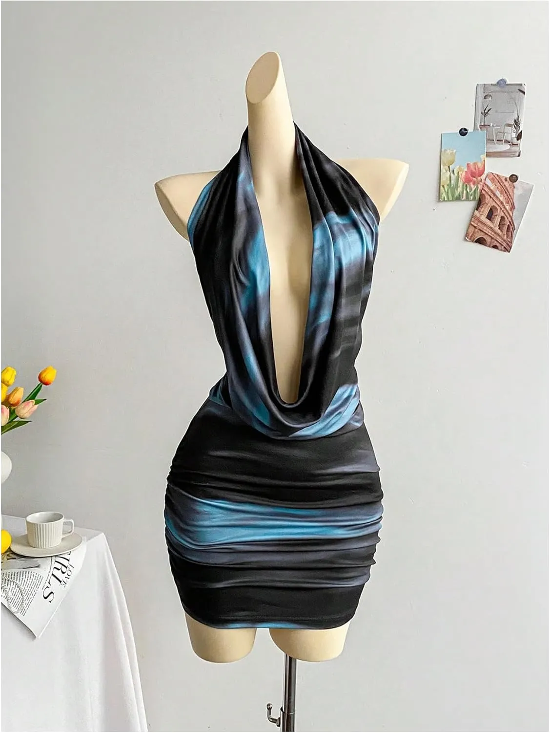 SweatyRocks Women's Draped Floral Print Halter Cocktail Dress Backless Sleeveless Bodycon Mini Dresses