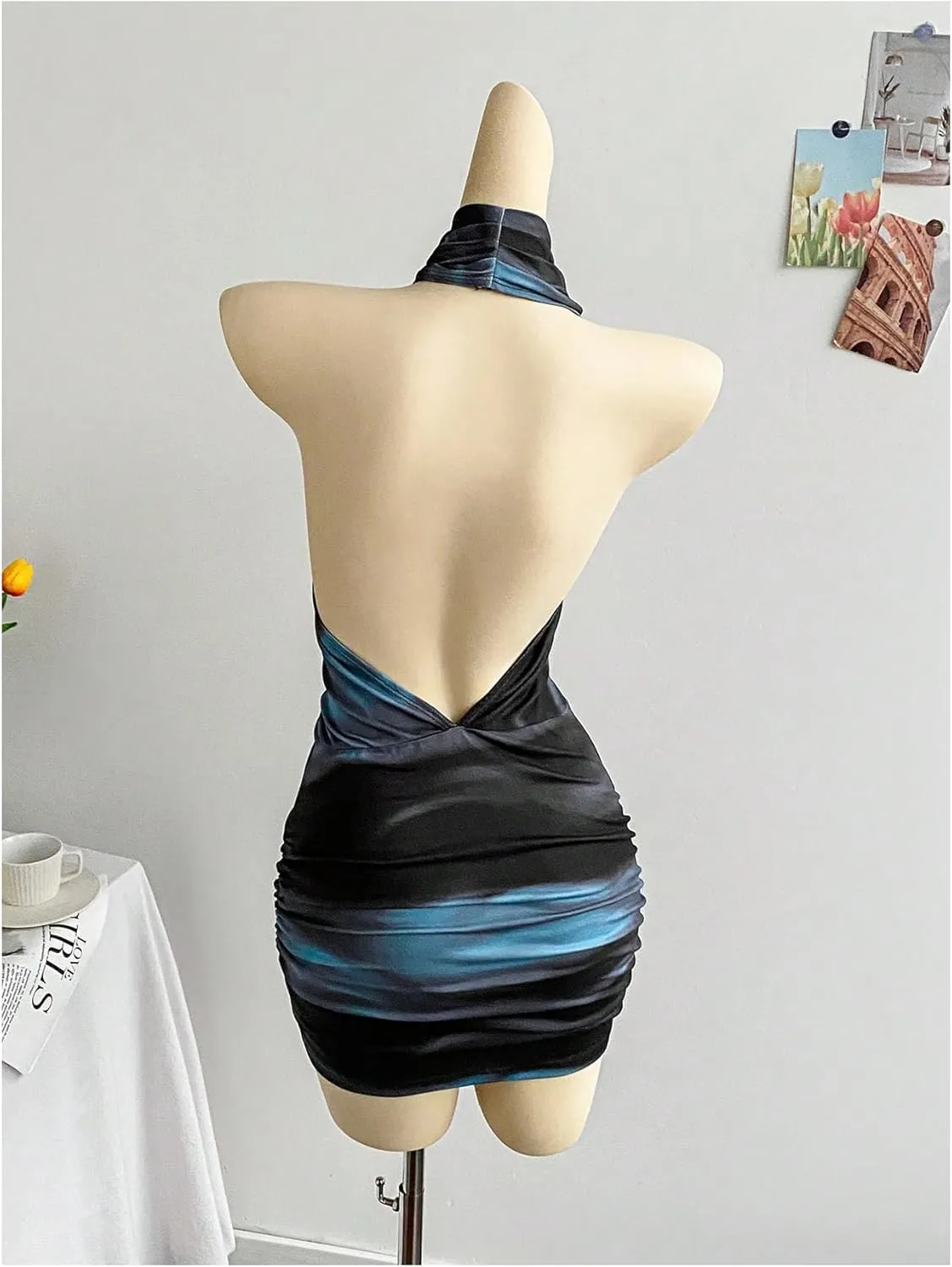 SweatyRocks Women's Draped Floral Print Halter Cocktail Dress Backless Sleeveless Bodycon Mini Dresses