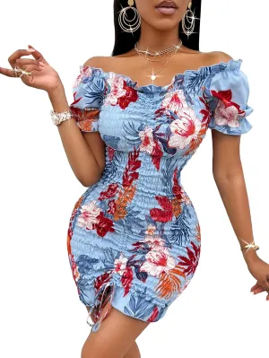 SweatyRocks Women's Floral Off Shoulder Ruched Dress Ruffle Trim Drawstring Mini Bodycon Dress Blue S