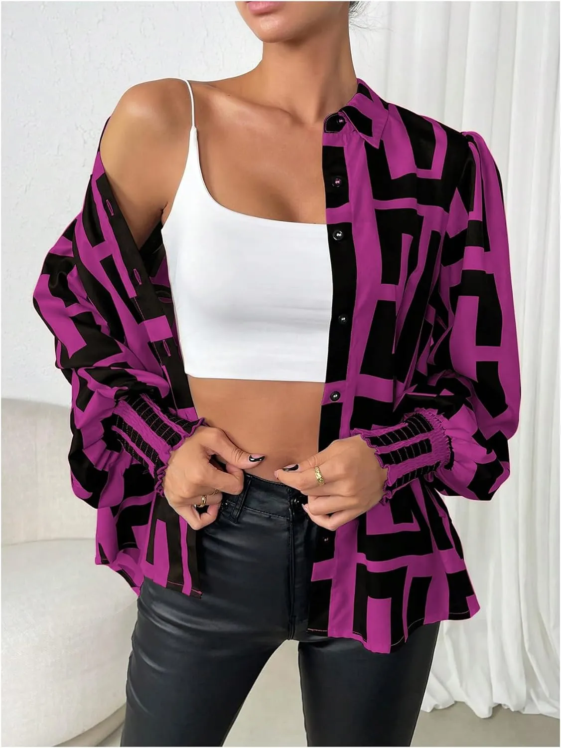 SweatyRocks Women's Graphic Print Long Lantern Sleeve Collar Neck Button Front Blouse Shirt Top