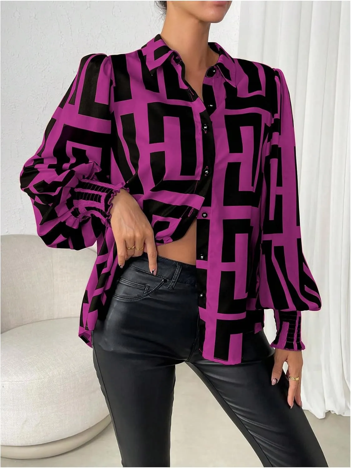 SweatyRocks Women's Graphic Print Long Lantern Sleeve Collar Neck Button Front Blouse Shirt Top
