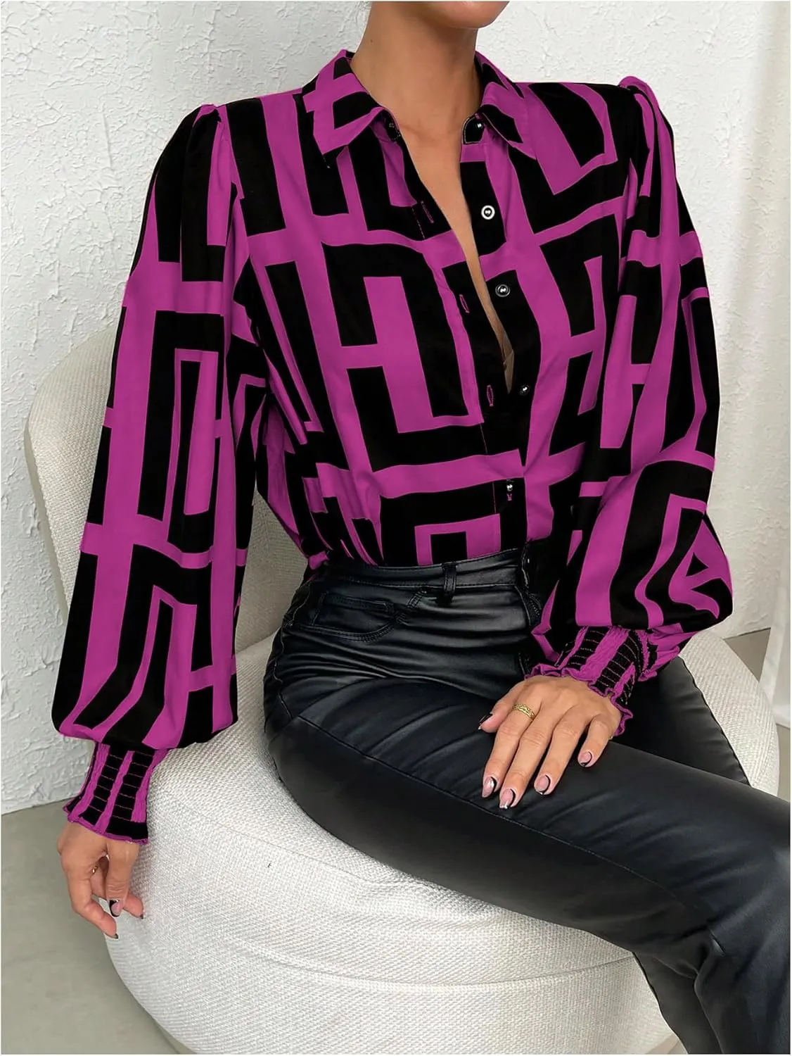 SweatyRocks Women's Graphic Print Long Lantern Sleeve Collar Neck Button Front Blouse Shirt Top