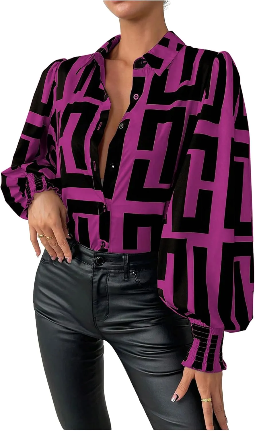 SweatyRocks Women's Graphic Print Long Lantern Sleeve Collar Neck Button Front Blouse Shirt Top