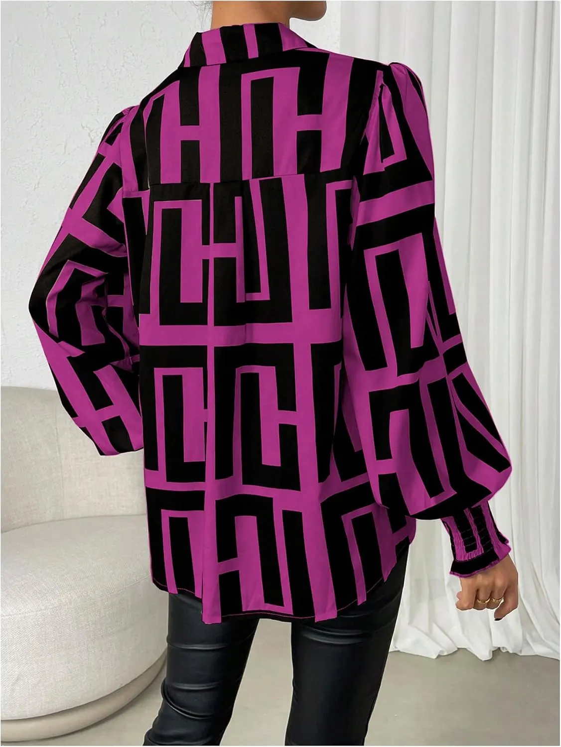 SweatyRocks Women's Graphic Print Long Lantern Sleeve Collar Neck Button Front Blouse Shirt Top