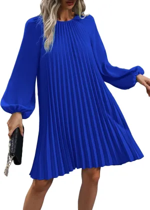 SweatyRocks Women's Lantern Long Sleeve Round Neck Solid Dress Casual Pleated Tunic Mini Dress