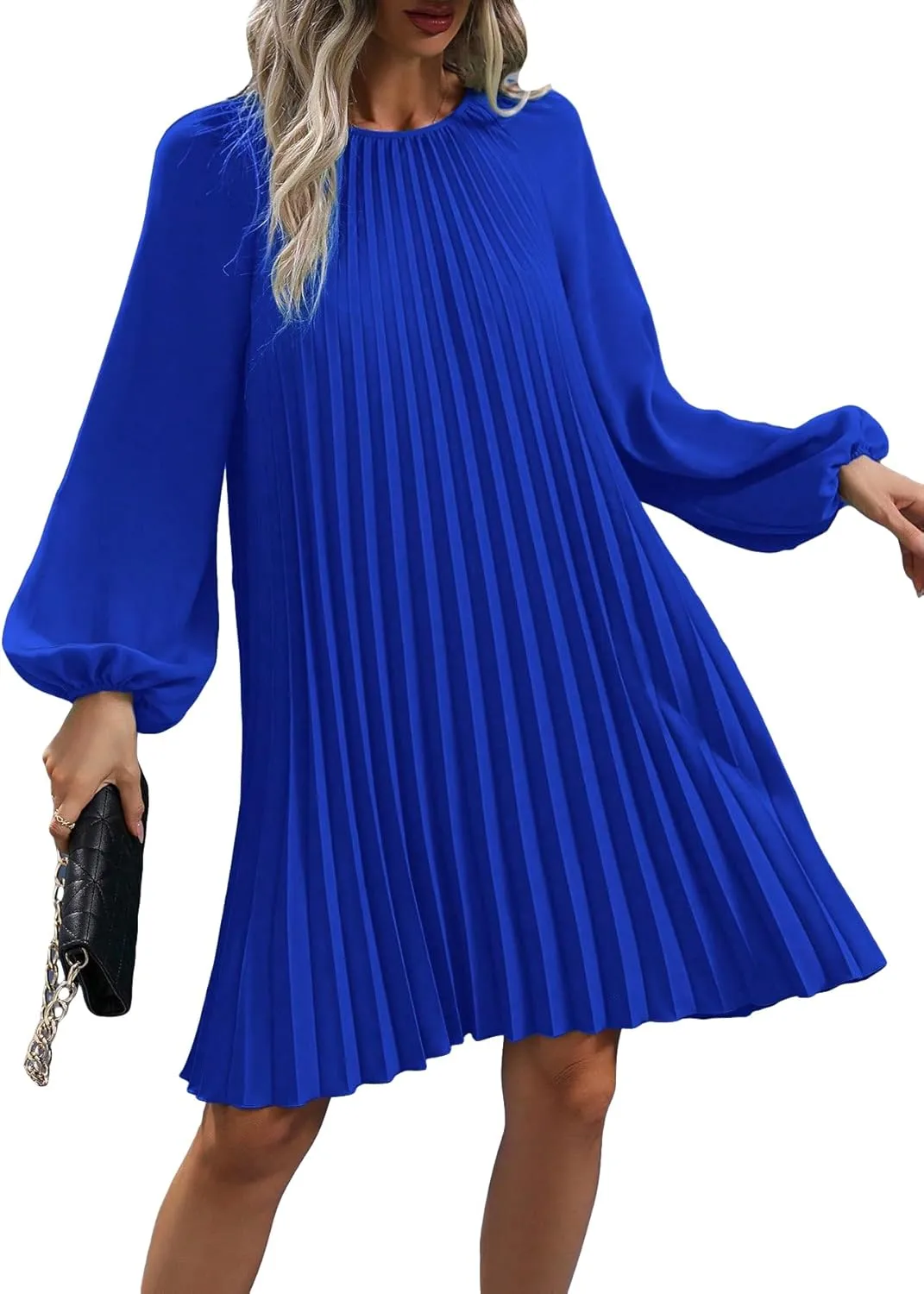 SweatyRocks Women's Lantern Long Sleeve Round Neck Solid Dress Casual Pleated Tunic Mini Dress