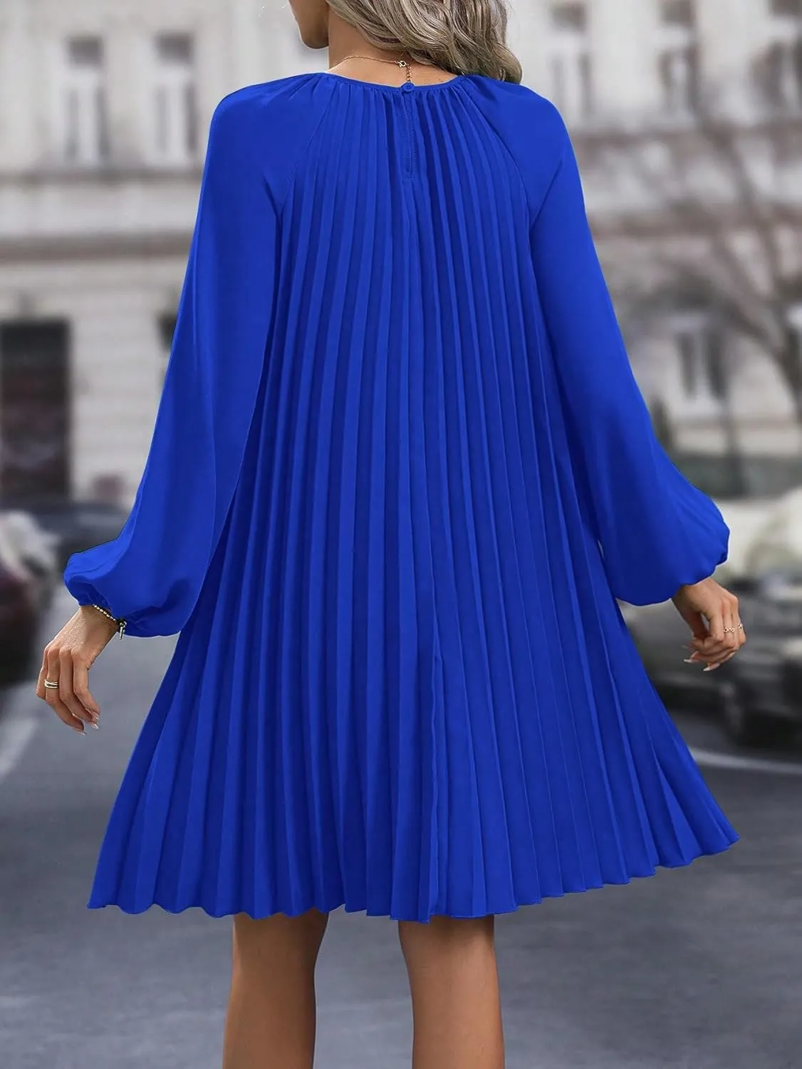 SweatyRocks Women's Lantern Long Sleeve Round Neck Solid Dress Casual Pleated Tunic Mini Dress