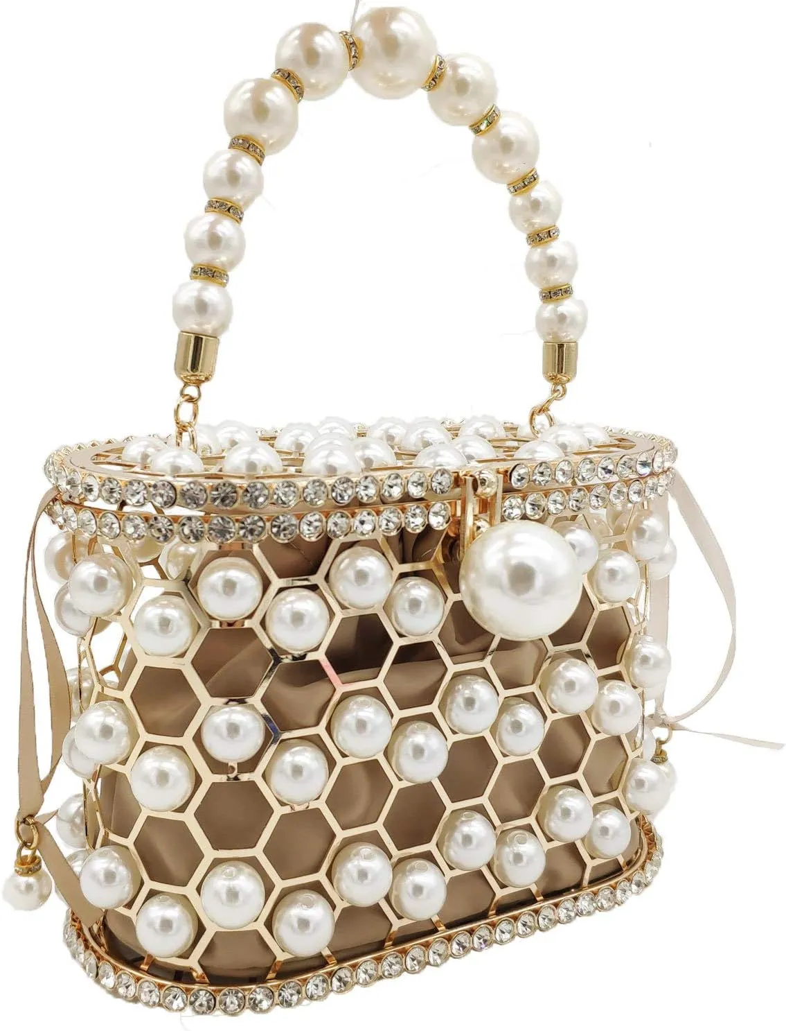 Synthetic Pearl Top-Handle Women Metal Bucket Bag Crystal Evening Purses and Clutches Formal Wedding Handbags