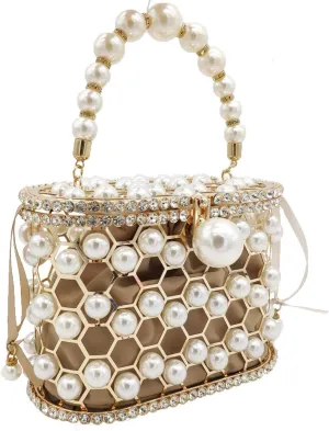 Synthetic Pearl Top-Handle Women Metal Bucket Bag Crystal Evening Purses and Clutches Formal Wedding Handbags